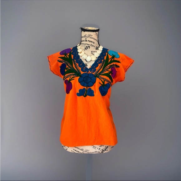 Vibrant Orange Blouse with Blue Floral Design - Picture 6 of 6